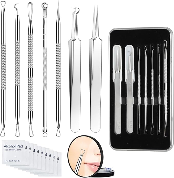Pimple Popper Tool kit Blackhead Remover Comedone Extractor Kit with Box for Easily Remove blackheads, Acne, Blemishes, Whiteheads, pimples and Papules from the face and Bonus Gift -7pcs