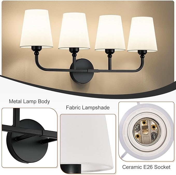 Bathroom Vanity Light, Matte Black Bathroom Light Fixtures, 4-Light Lighting Fixtures Over Mirror, Modern Wall Sconce with Flared White Fabric Shade, E26 Socket(ETL Listed)