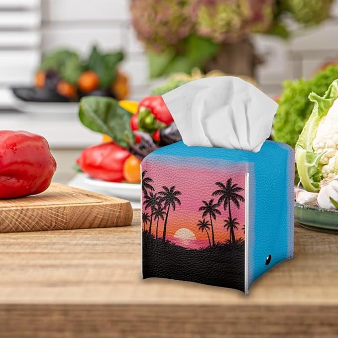 Sunset Tissue Box Holder Waterproof PU Leather Square Modern Tissue Box Cover with Metal Button Napkin Holder for Home Office Car