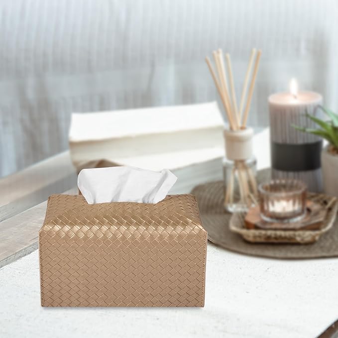 Tissue Box Cover PU Leather Tissue Holder Square Facial Tissue Case Facial Paper Organizer Dispenser for Bathroom, Vanity Countertop, Tabletop, Car, Rectangle, Gold