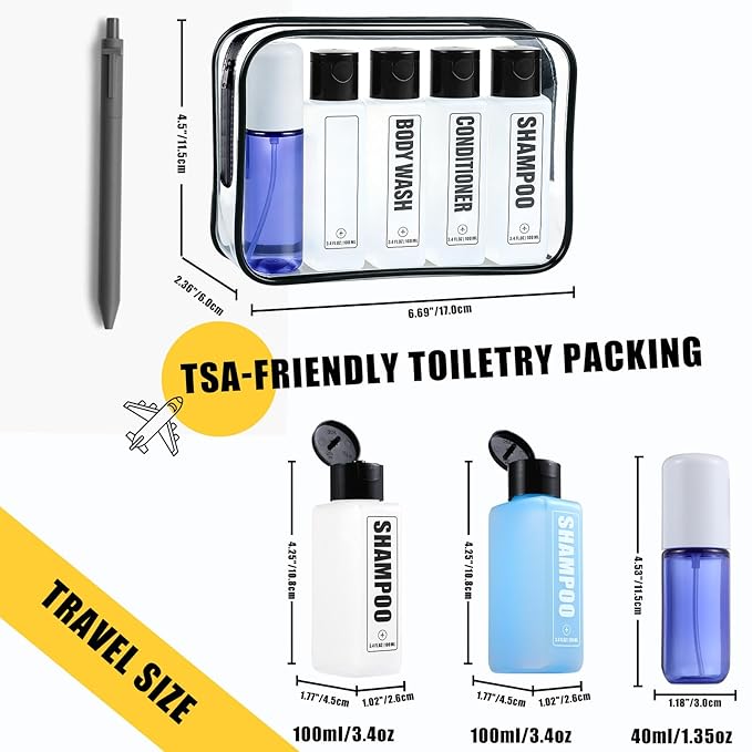Labeled Travel Bottles for Toiletries, 3.4oz TSA Approved Travel Shampoo and Conditioner Bottles with Spray, Leak Proof Clear Plastic Containers with Flip Cap-5 PCS