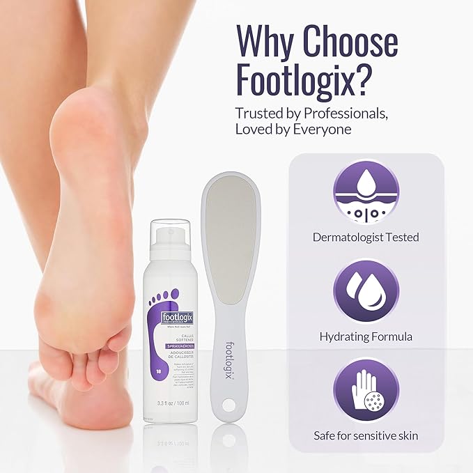 Footlogix Foot Care Callus Softener Combo - Callus Remover Spray & Double-Sided Foot File for Dry, Cracked Heels, Pedicure Tools for Feet, Foot Exfoliator