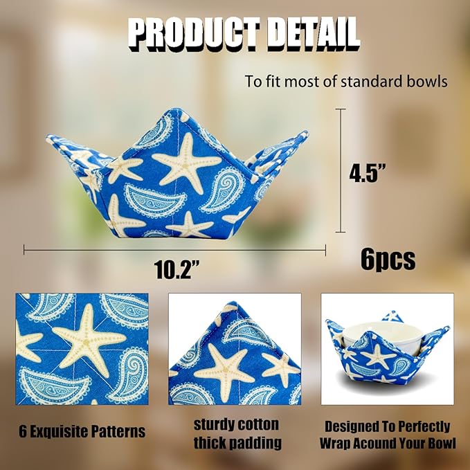 Cotton Microwavable Bowl Cozy ，Set of 6，Microwave-Safe Hot Bowl Holders, Soup Bowl Cozy Hot Pads，Prevent Hand from Heat and Maintain Food Warm，Ideal Household Gift Store (I)