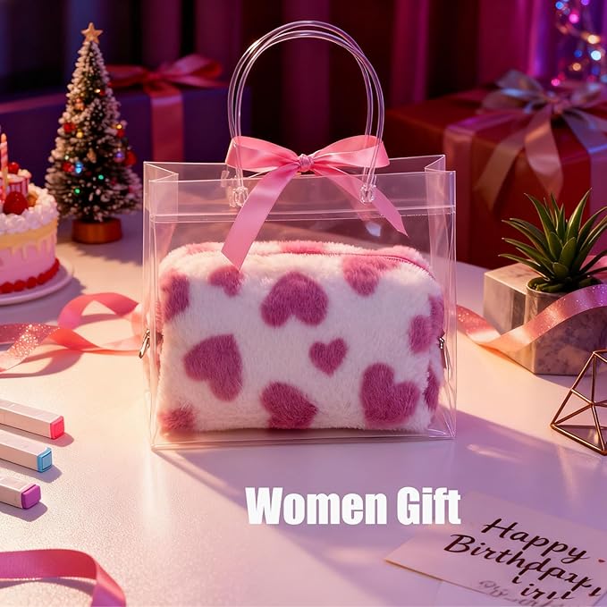 Makeup Bag Small Cosmetic Bags for Purse Women Girls Plush Simple Heart Make Up Pouch