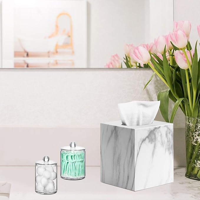 Tissue Box Cover, Square Facial Acrylic Tissue Holder with 2 Pack Clear Qtip Holder Dispenser, Bathroom Vanity Dresser Night Stand Essentials Accessories Decor, Modern Farmhouse Decor, Marble