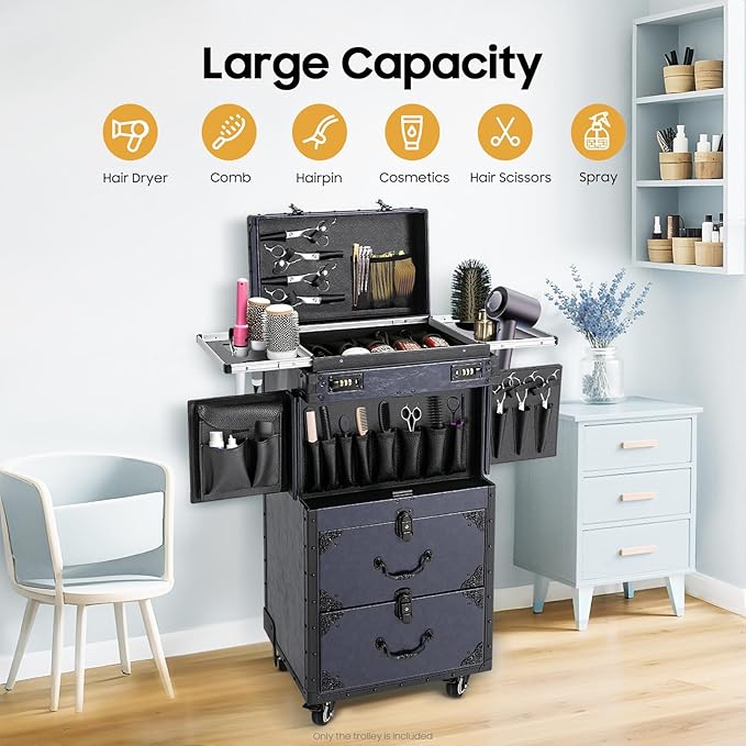 Bepritm Rolling Makeup Case, Large Retro Train Case Hairdressing Trolley with Universal Casters & Combination Lock, Travel Hair Tool Organizer for Barber, Beauty Stores, Nail Salons (Blue)