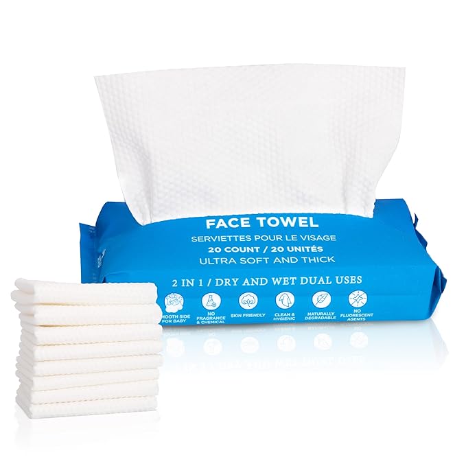 WITHU Disposable Face Towels – Ultra-Soft Biodegradable Face Cleansing Wipe, Makeup Remover Wipes, Facial Cleansing Cloths, Travel Face Towels, Multi-Use Dry Washcloths for All Skin Types, 20 Count