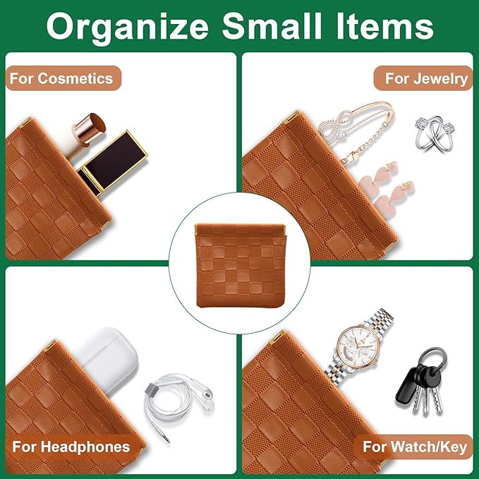 2Pcs Small Makeup Bag for Purse, Mini Checkered Leather Purse Pouches for Purse Small Makeup Pouch Small Coin Purse Organizer Pouches, Portable No Zipper Pocket Cosmetic Bag for Women (Brown)