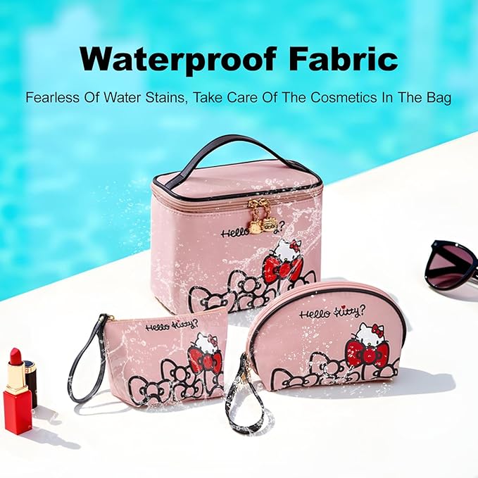 Vimanllie Travel Makeup Bag Large Cosmetic Bags with Brush Holder,Pink Waterproof 3PCS Portable Cosmetic Case for Women,Toiletry Bag for Skincare&Beauty Tools for Her
