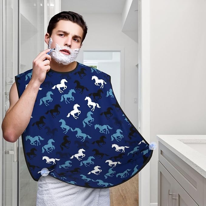 Strong Suction Cup Beard Grooming Bib, Non-Stick Hair Catcher, Waterproof, for Shaving, Sea Blue Camouflage Camo Horse