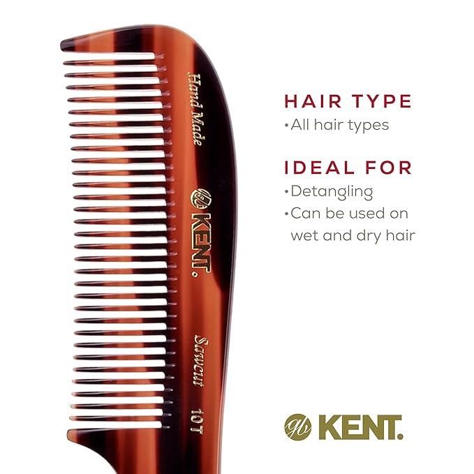Kent 10T Tortoise Large Detangler Comb, Handmade Wide Tooth Comb for Curly Thick Hair, Detangling Combs For Wet and Dry Hair, Saw-Cut and Hand Polished Made in England