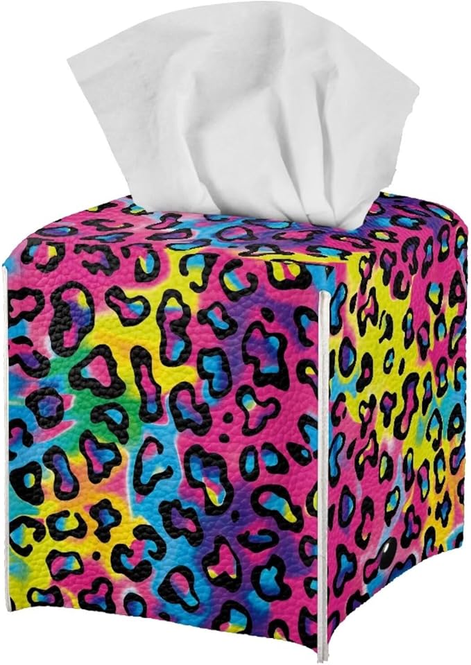Rainbow Leopard Tissue Box Holder Waterproof PU Leather Square Tissue Box Cover Organizer with Metal Button Napkin Case for Home Office Car