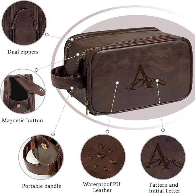 Janhavi Large Mens Travel Bag Toiletry, Travel Essentials Toiletries Men, Personalized Initials & Mountain, Waterproof Make Up Bag, Men's Accessories Storage,Customized Gifts for Men(Dark Brown Q)