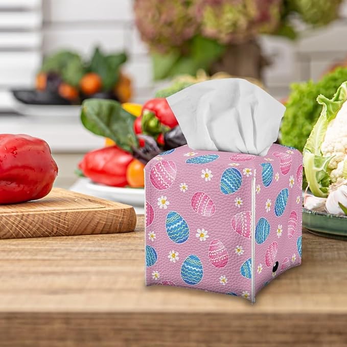 Pink Eggs Flower Tissue Box Case PU Leather Square Modern Asthetic Tissue Box Cover with Metal Button Waterproof Napkin Organizer for Home Office Car Bathroom Decor