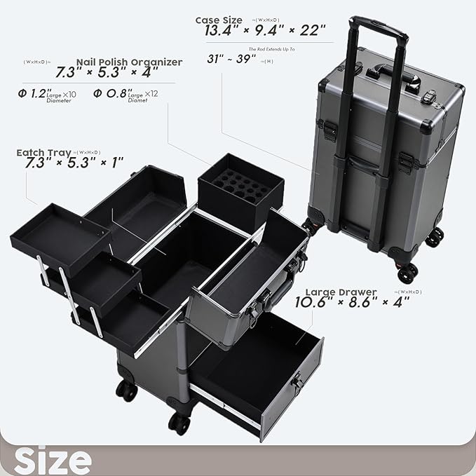 Hododou Rolling Makeup Case Cosmetic Travel Trolley Storage Sliding Drawer 4 Tray Makeup Travel Case with Wheels Salon Barber Case Traveling Cart Trunk for Cosmetologist Nail Tech Hairstylist Grey