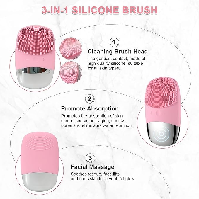 MEGAN Facial Cleansing Brush,USB Rechargeble Electric Silicone Face Scrubber,IPX7 Waterproof Sonic Facial Massager, 3 in 1 face Brush for Deep Cleanning, Blackhead Remover, Exfoliating.（Pink）