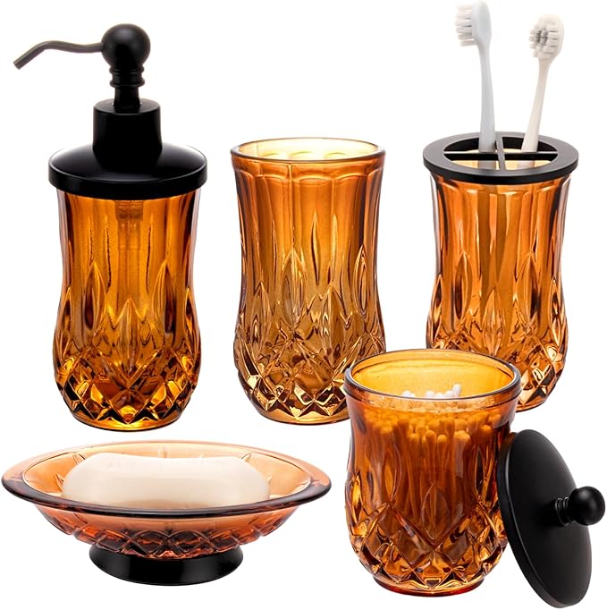 Bathroom Accessories Set,5 Pcs Amber Glass Bathroom Accessory Set, Complete Lotion Soap Dispenser, Toothbrush Holder, Soap Dish, Tumbler & Jar, Modern Bathroom Decor Sets Gift,Round
