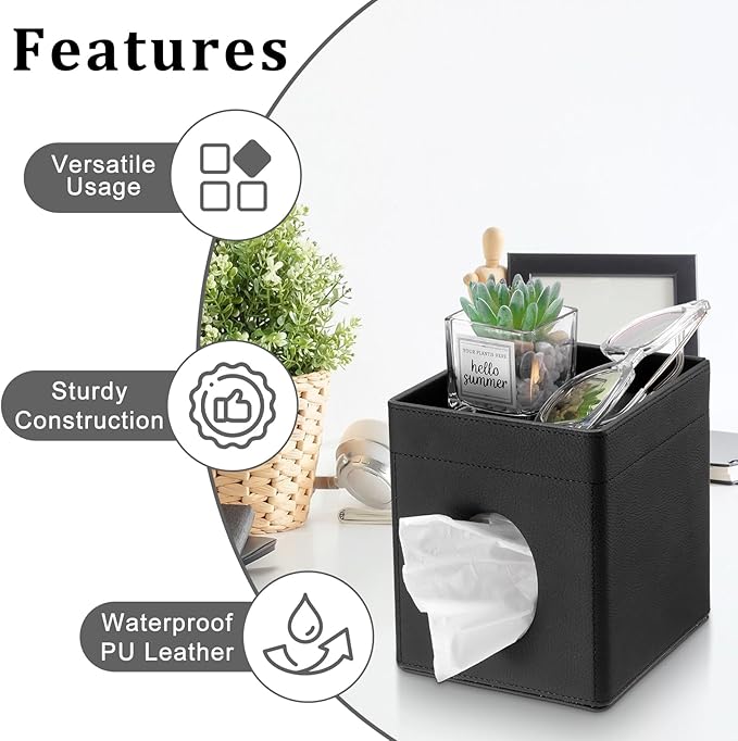 Sumnacon Square Tissue Box Cover with Storage Tray, Decorative Cube Tissue Holder PU Leather Facial Tissues Organizer Stylish Modern Tissue Dispenser for Bathroom Toilet Tank Vanity Dresser Table