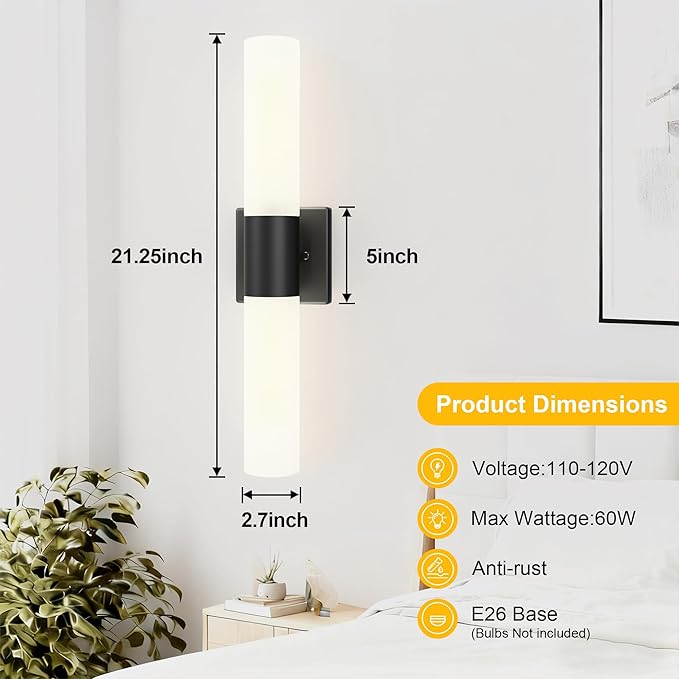 Kalium Bathroom Wall Sconces Set of Two, 21 Inch Modern Vanity Lights with Frosted Glass Shade, Bathrooms Vanity Lighting Fixtures for Mirror Bedroom Living Room Hallway (Black)