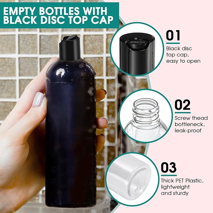 16 oz Clear Plastic Empty Bottles with Black Disc Top Caps, 12 Pcs Squeezable Refillable Shampoo Bottles Travel Cosmetic Containers for Lotions, Body Soap Cream