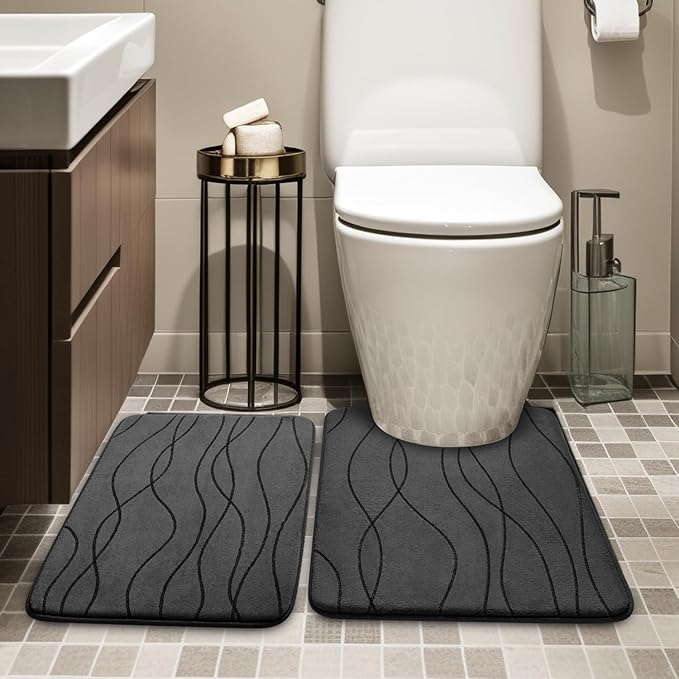 YIHOUSE Memory Foam Grey Bathroom Rug Sets 2 Piece, Ultra Absorbent Bath Mat for Bathroom - Non-Slip Machine Washable & Dry Quickly, 2 Piece Bathroom Mat Set, Dark Grey