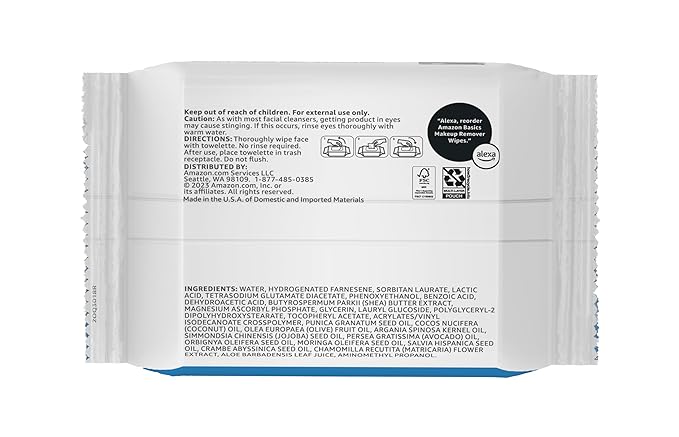 Amazon Basics Makeup Remover Wipes, Fragrance-Free, Alcohol-Free, Gentle Cleansing, Plant-Based, Dermatologist Tested, Removes Waterproof Mascara, Resealable, 25 Count, 1-Pack