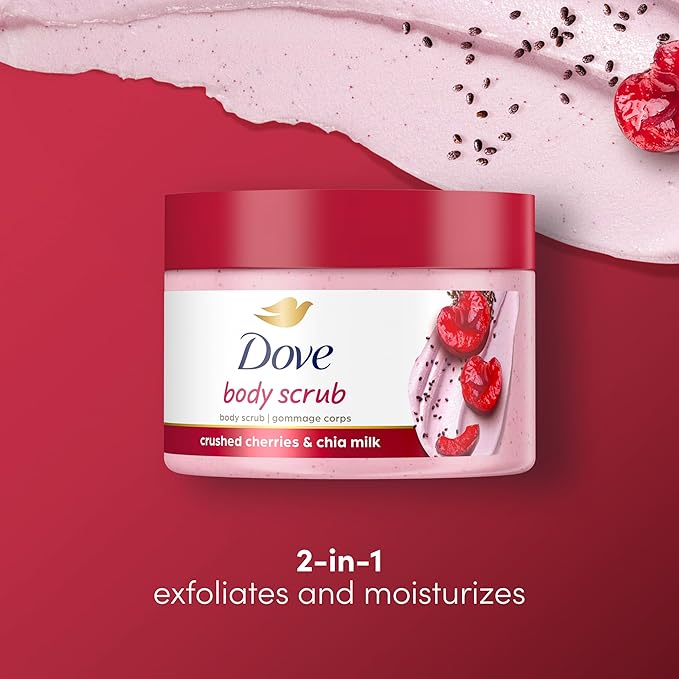 Dove Exfoliating Body Polish Crushed Cherries & Chia Milk Skin Care for Revitalized Skin Formulated with 1/4 Moisturizing Cream 10.5 oz