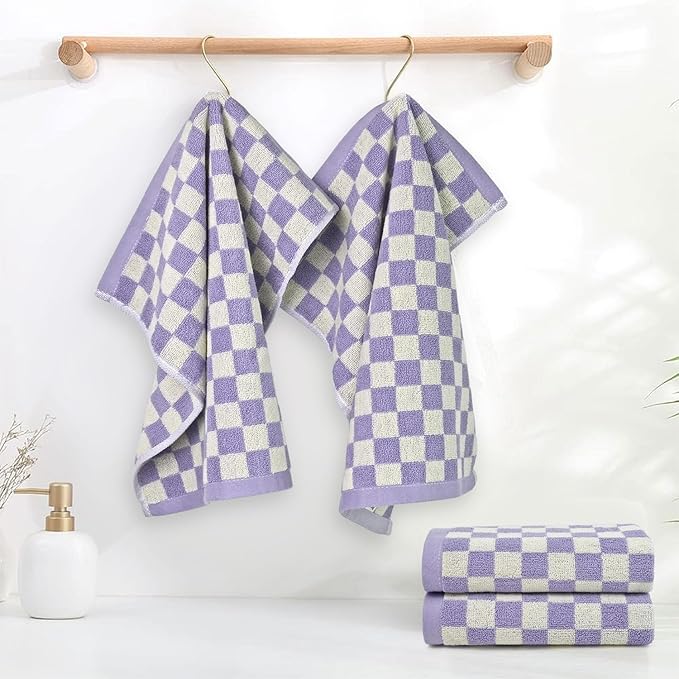 Jacquotha Wash Cloths Checkered 4 Pack (Lilac) - Cotton Washcloths for Face Body, 13 x 13 Inches Daily Cleansing Kitchen Towels