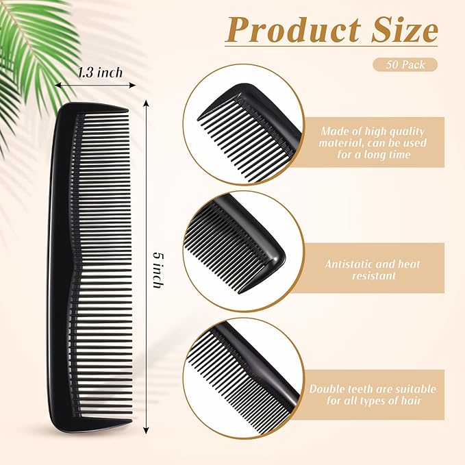 50 Pcs Pocket Combs for Men 5 Inch Cutting with Wide and Fine Teeth Plastic Professional Barber Haircut Small Anti Static Combs for Women Grooming Accessories for Beard(Black)