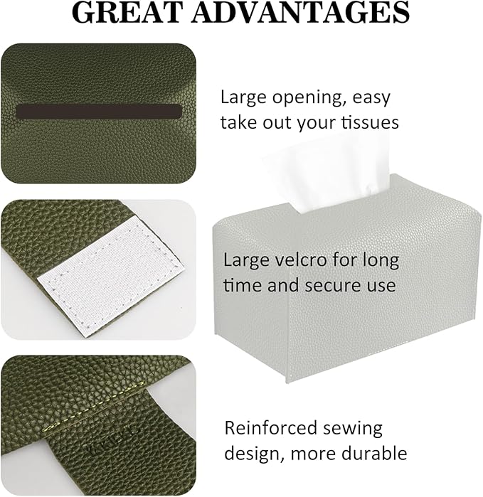 Tissue Box Cover PU Leather Tissue Holder Rectangle Facial Tissue Case Tissue Box Organizer Dispenser for Bathroom, Kitchen, Home, Office, Tabletop (OliveGreen, Short)