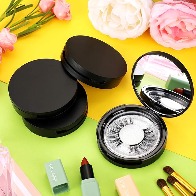 Maitys 6 Pcs Eyelash Packaging Circle Box with Mirror, Eyelash Storage Box Empty Lash Case with Lash Holder for Women(Matte Black)