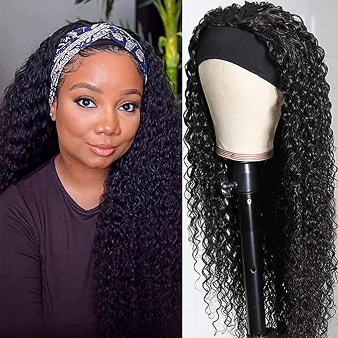 XSY 30 Inch Headband Wig Human Hair Deep Wave Glueless None Lace Front Wigs for Black Women 150% Density Curly Long Headband Wig Natural Color