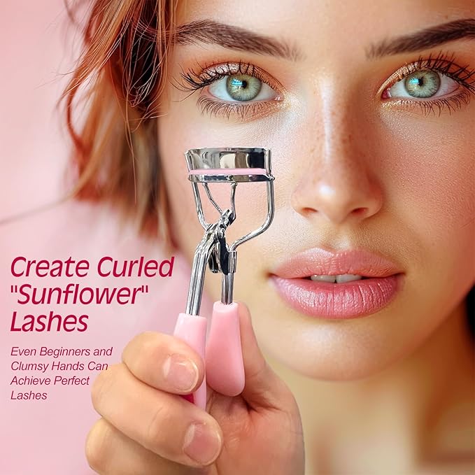Pink Stainless Steel Eyelash Curler for Lasting Styling, with 4 Silicone Refill Pads, Pain-Free, Suitable for All Eye Shapes