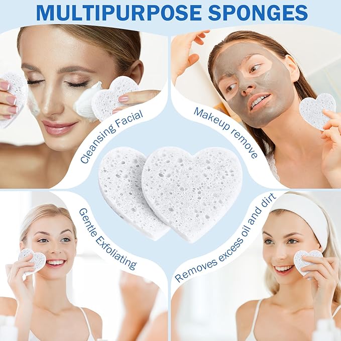 Dandat 300 Count Compressed Facial Sponges Heart Shape Face Sponges for Cleansing Natural Facial Exfoliating Pads for Estheticians(White)