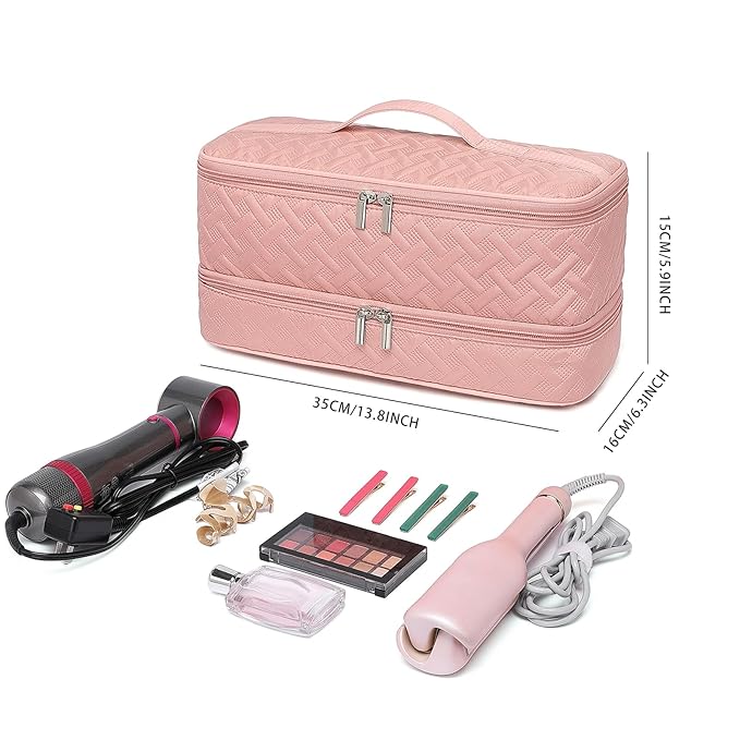 Double-Layer Travel Carrying Case for Revlon One-Step Hair Dryer Brush/Volumizer Styler Shark FlexStyle Attachment Portable Storage Organizer Bag Hair Tools Travel Bag (Pink)