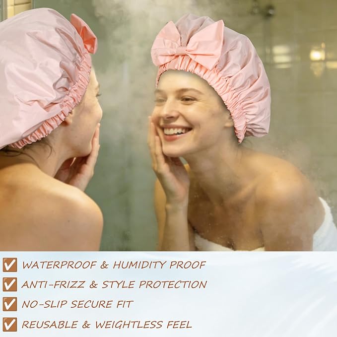 Reusable Shower Cap for Women with Stylish Bow, Non-Slip Waterproof Anti Humidity Bathing Cap, Roomy Anti Frizz for Short Medium Straight Wavy Hair, Soft Elastic & Machine Washable, Pink