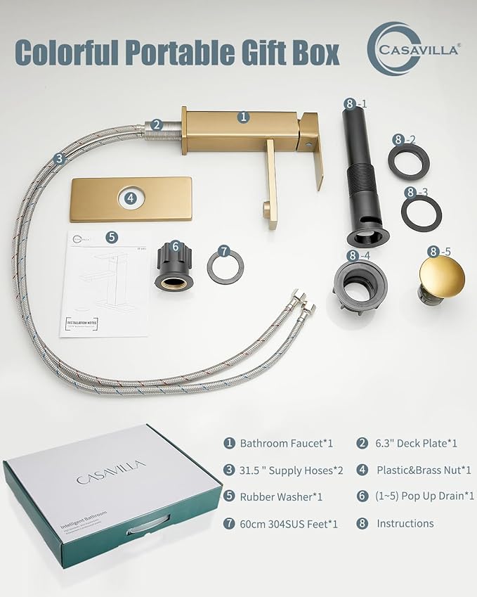 Bathroom Faucet, Brushed Gold Bathroom Sink Faucets & Parts(Pop-up Drain+6" Escutcheon Plate+Supply Hoses), Vanity Faucet for Vessel Sink, llaves para lavamanos de baño