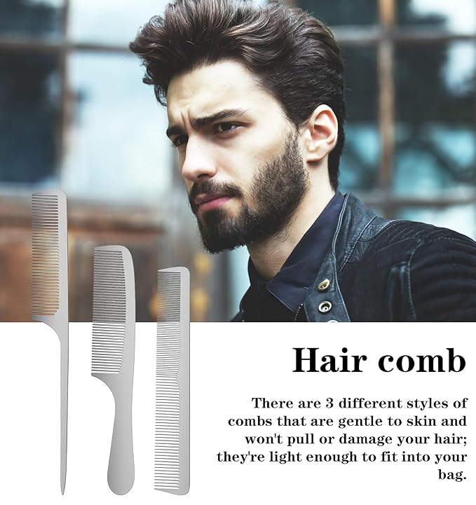 Metal Comb Set, 3Pcs Stainless Steel Fine Tooth Comb Thin Combs for Beard & Hair Care, Professional Barber Combs Set Unbreakable Teeth Design Anti-Static Heat Resistant, Suitable for Men Women