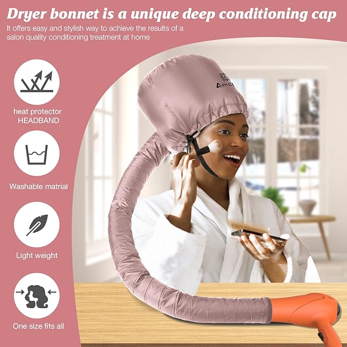 Bonnet Hood Hair Dryer Attachment - Soft, Adjustable Extra Large Bonnet Hair Dryer for Speeds Up Drying Time at Home, Easy to Use for Styling, Curling and Deep Conditioning (Pink)