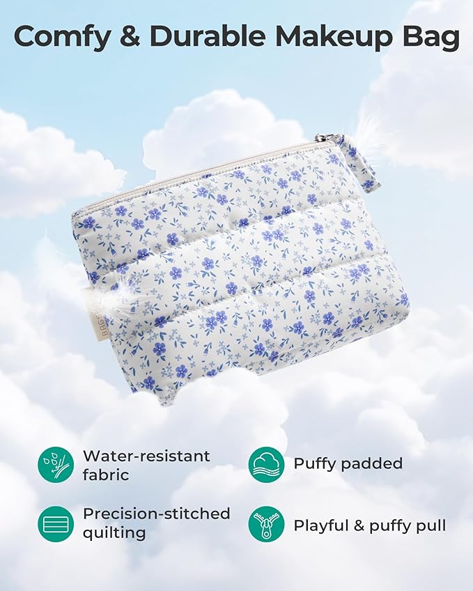BAGSMART Small Makeup Bag, Puffy Portable Cosmetic Pouch with Charm Zipper, Water-Resistant Travel Organizer for Women (Khaki Stripe, Small)