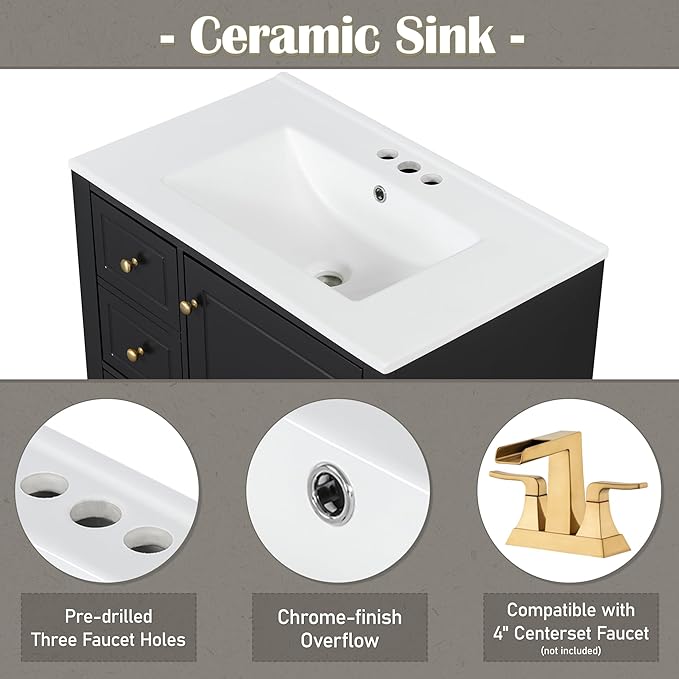 30" Bathroom Vanity with Sink, Harper & Bright Designs Free Standing Single Vanity Set with 3 Drawers and One Door with Storage Racks, Solid Wood Storage Cabinet with Ceramic Basin for Bathroom, Black