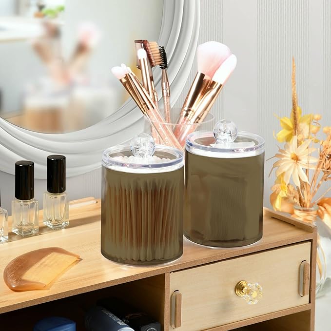 Tan Qtip Holder Organizer Dispenser Cotton Swabs Cans Plastic Jars with Lid Set 4 Pack Bathroom Storage Canister for Cotton Ball Floss Cotton Pads