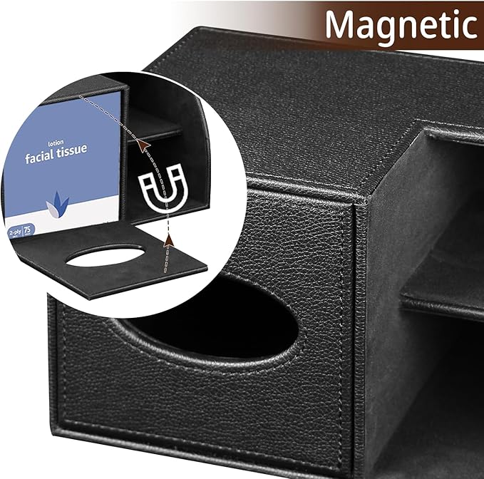 PU Leather Square Tissue Box Cover - Multi-Functional Tissue Box Holder, Tissue Box Cover with Storage,Tissue and Remote Control Holder, Cube Tissue Box Organizer Bedroom Nightstand End Table