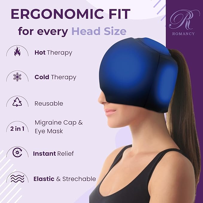 Migraine Relief Cap with Detachable Eye Mask – 2-in-1 Hot & Cold Gel Ice Head Wrap for Headaches, Sinus Pressure, Stress & Tension – Reusable Light-Blocking Headache Hat