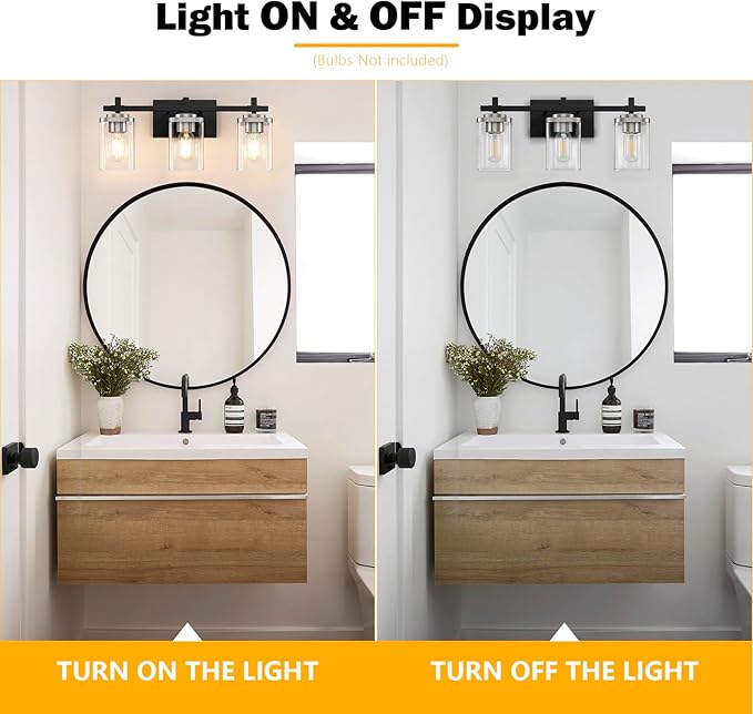 3-Lights Black and Brushed Nickel Bathroom Light Fixtures, Modern Black and Nickel Vanity Light with Clear Glass Shade, Wall Mount Lights Over Mirror for Bedroom Hallway Living Room