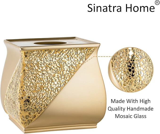Zahari Home 2pc Sinatra Modern Bath Accessories Set Waste Basket & Tissue Box Champagne Gold Modern Decorative Beautiful Designs Bathroom Decor Set for Home Luxury Bath Set Mosaic Glass