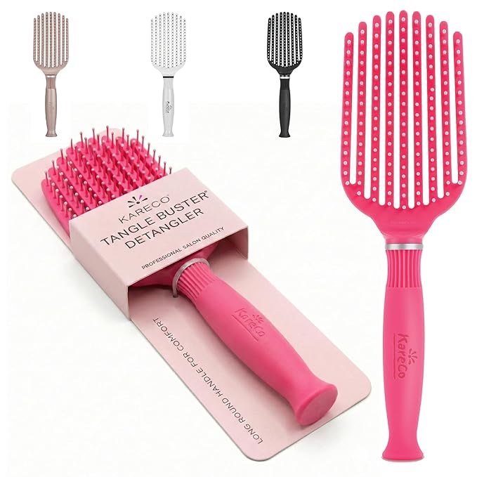 Premium Tangle Buster Brush – Soft Nylon Travel-Friendly Bristles – Long Durable Rubber Handle – Ideal for Wet and Dry Hair & Easy Grooming, Pink Color