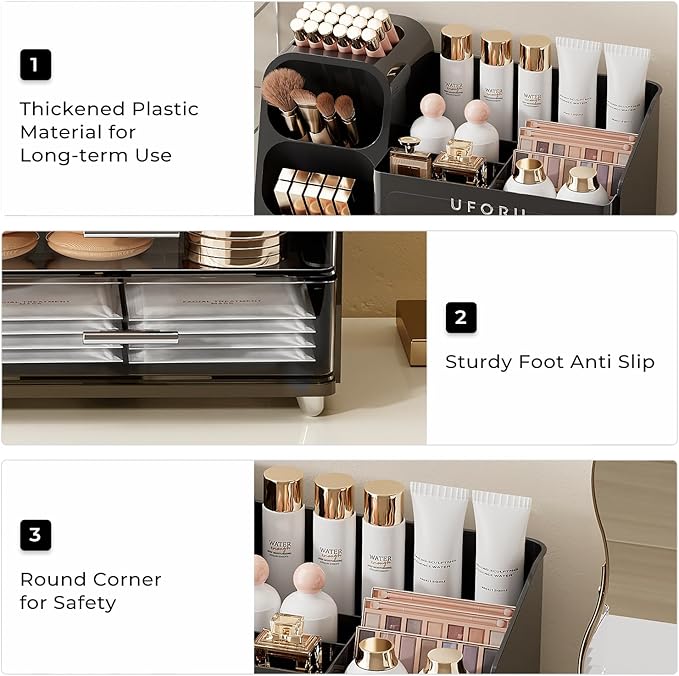 Makeup Organizer for Vanity with Brush Holder, Countertop Skincare Organizer with 2 Drawers, Spacious Cosmetic Display Case for Perfumes, Cologne, Shaving Lotion