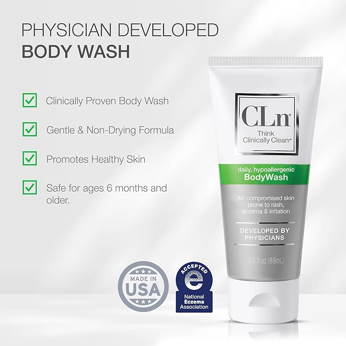 CLn® BodyWash –Non-Drying Body Wash Preserved with Sodium Hypochlorite, For Compromised Skin Prone to Eczema, Dermatitis, Rash & Hidradenitis Suppurativa, Fragrance-Free & Paraben-Free, 3 fl oz