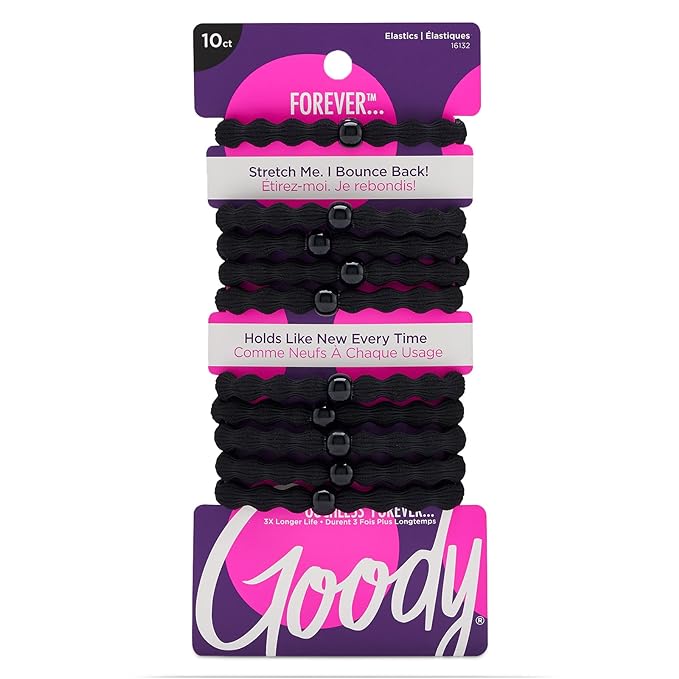 Goody Ouchless Forever Hair Elastics, 10 Ct, Black, Damage-Free Bands, 3X Stronger Elastic Ties, Retainable Shape, 16 Strand Inner Core, Styling Accessories for Women & Men, All Hair Types